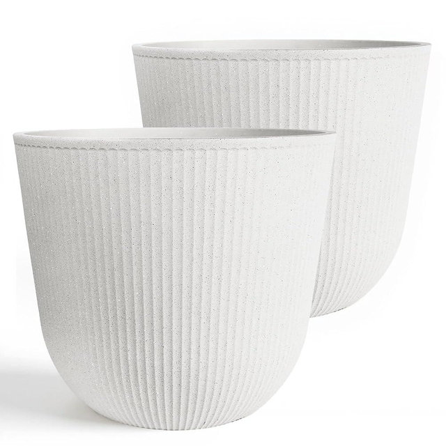 WORTH Garden Round Large Planter Pot Set of 2-17.5" Dia x 15.5" H - Durable Plastic White Plant Tree Pots with Vertical Stripe Textured Finish, Drainage Hole for Indoor, Outdoor, Front Porch, Patio
