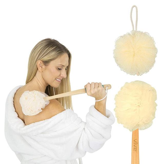 Vive Loofah Sponge Back Scrubber - Men & Women Long Handled Exfoliating Bath & Shower Body Brush - Handheld Luffa Pouf on a Stick for Body, Face Washing - Spa Wash Lufa