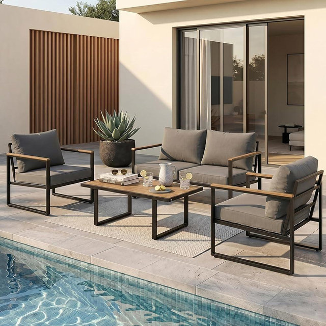 Xiacare Modern Patio Furniture Set, 4 Pieces Outdoor Conversation Set with Coffee Table, Metal Patio Furniture with 4" Washable Foam Cushions, Ships in 1 Box, Gray