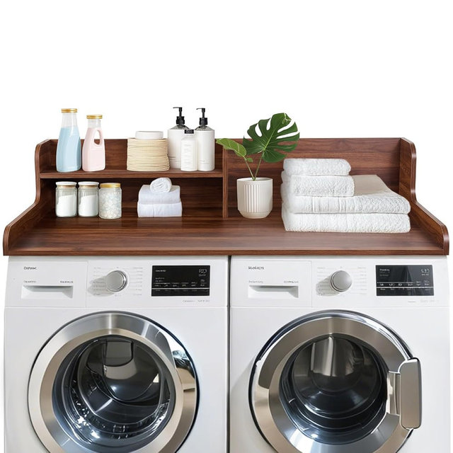 Kaboon Washer Dryer Countertop 2 Tier 58 inches Wide, Laundry Shelf Topper with Edge, 58" W x 28" D x 12" H Laundry Space Organizer, Dark Walnut
