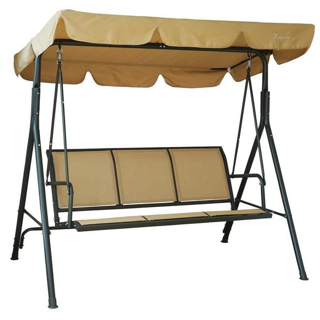 67 in. W 3-Person Gray Metal Outdoor Patio Swing with Strong Beige Textilence Seats