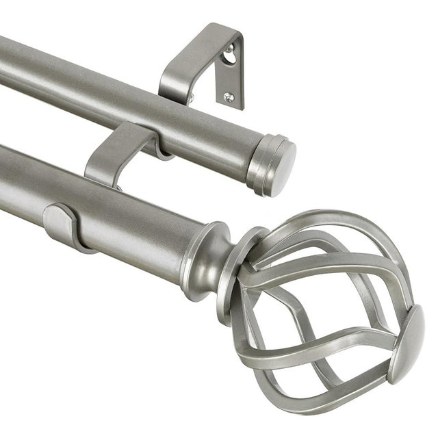 KAMANINA 1 Inch Double Curtain Rods 66 to 120 Inches (5.5-10 Feet) Telescoping Heavy Duty Drapery Rod for Windows 54 to 115 with Twisted Cage Finials, Antique Silver