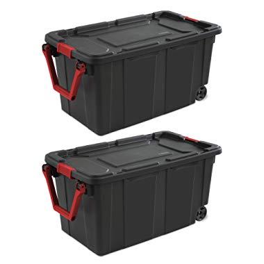 Sterilite 14699002 40 Gallon/151 Liter Wheeled Industrial Tote, Black Lid & Base w/ Racer Red Handle & Latches, 2-Pack