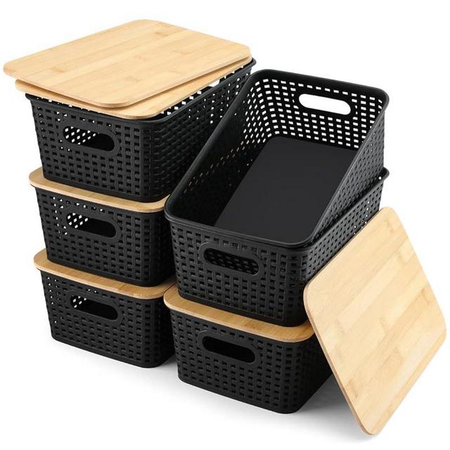 NEATJELAI Baskets for Organizing Plastic Storage Bins With Bamboo Lids Small Shelf Basket Container for Organizing Shelves Desktop Closet Pantry Playroom Classroom Office, 6 Pack,Black