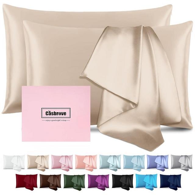 Silk Pillow Cases 2 Pack Mulberry Silk Pillow Cases Soft Breathable Both Sided Natural Silk Pillowcase with Zipper Beauty Sleep Silk Pillow Cases for Gift(Standard,Champagne)