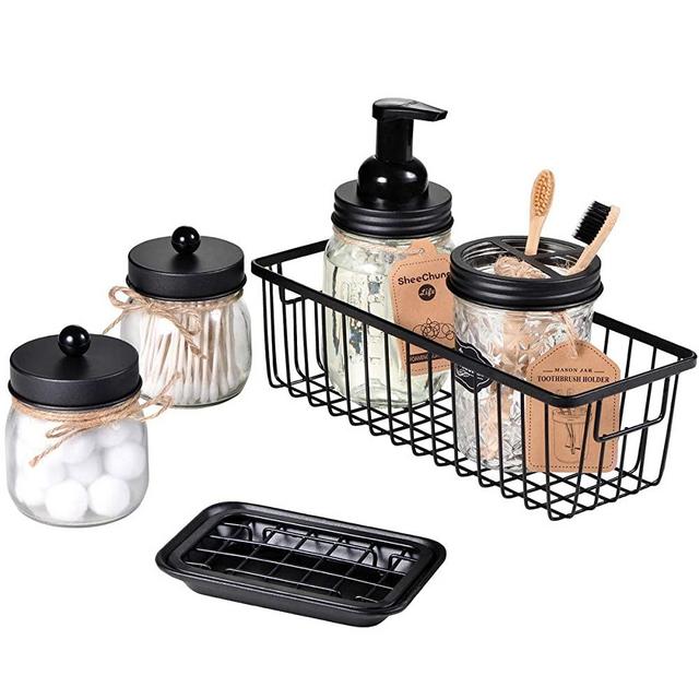 SheeChung Mason Jar Bathroom Accessories Set(6PCS) - Foaming Soap Dispenser,Toothbrush Holder,Qtip Holder,Apothecary Jars, Soap Dish,Metal Wire Storage Organizer - Rustic Farmhouse Decor (Black)