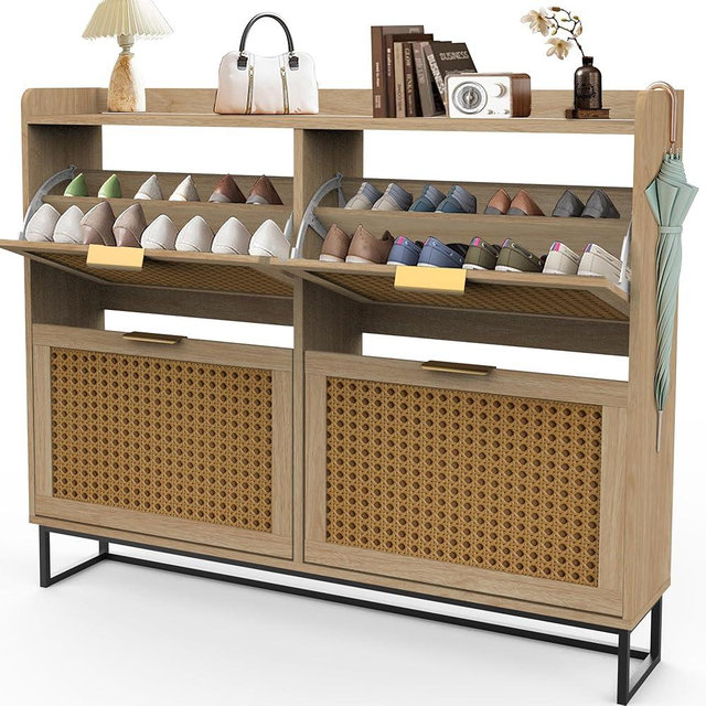 FNCK Rattan Shoe Cabinet Storage for Entryway, Boho Hidden Shoe Storage Cabinets with 4 Flip Drawers, Wood Freestanding Organizer with Wooden Legs
