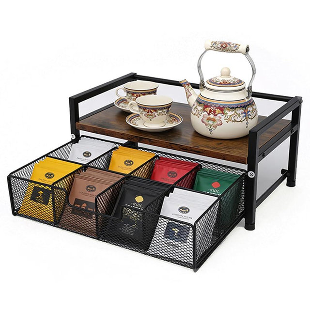 Tea Bag Holder, Tea Bag Organizer and Storage with Drawers, Tea Bags Organizer Natural Wood & Metal with 8 Compartments, Multi-Purpose Tea Rack Teabag Station Chest for Countertop, Kitchen, Office