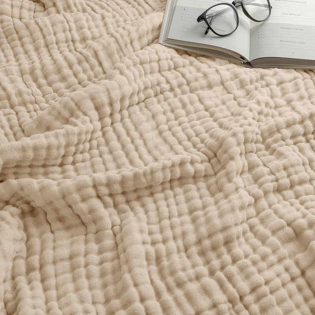 Comfy Cubs Throw Muslin Blanket, Large Size 50” x 60”, 6 Layer Cooling Cotton Softness, Breathable & Warm Throw for Bedroom, Living Room Couch (Sand, Throw - Muslin)
