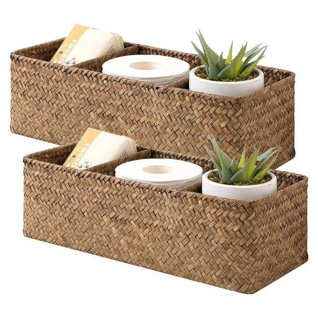 StorageWorks Toilet Paper Baskets for Shelves, 3-Section Wicker Baskets Storage, Back of Toilet Basket for Tank Topper, Counter, Pantry, Living Room Decor, 2 Pack Seagrass Basket