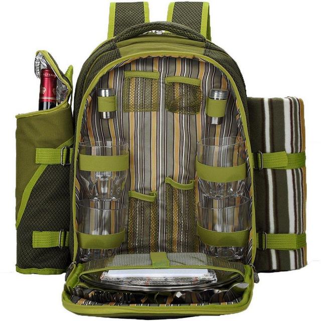 APOLLO WALKER Picnic Backpack for 4 with Cutlery Set and Blanket for Picnic, Outdoor, Hiking, Camping, BBQs, Cooler (Green)