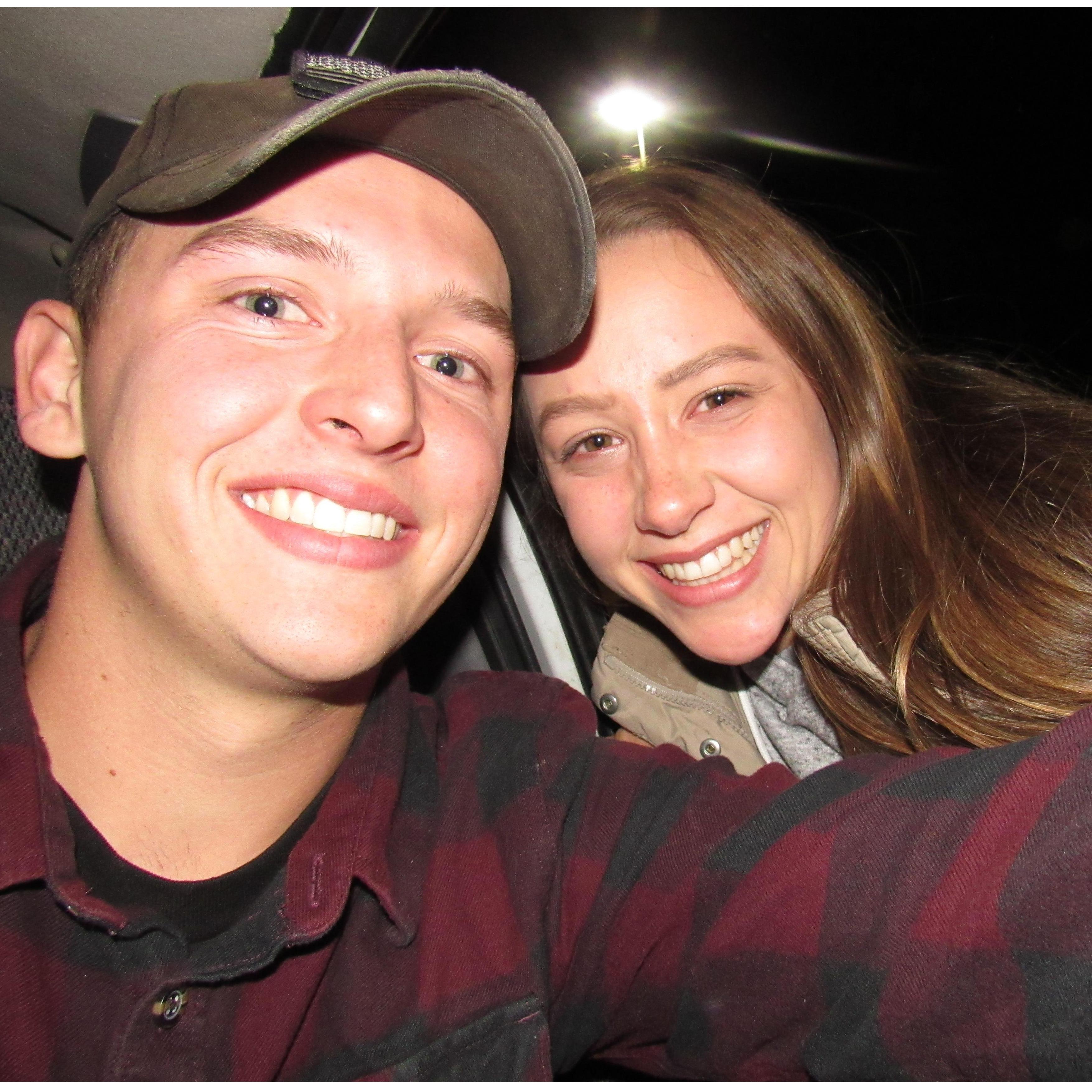 Our first "airport selfie," we were both a wreck!