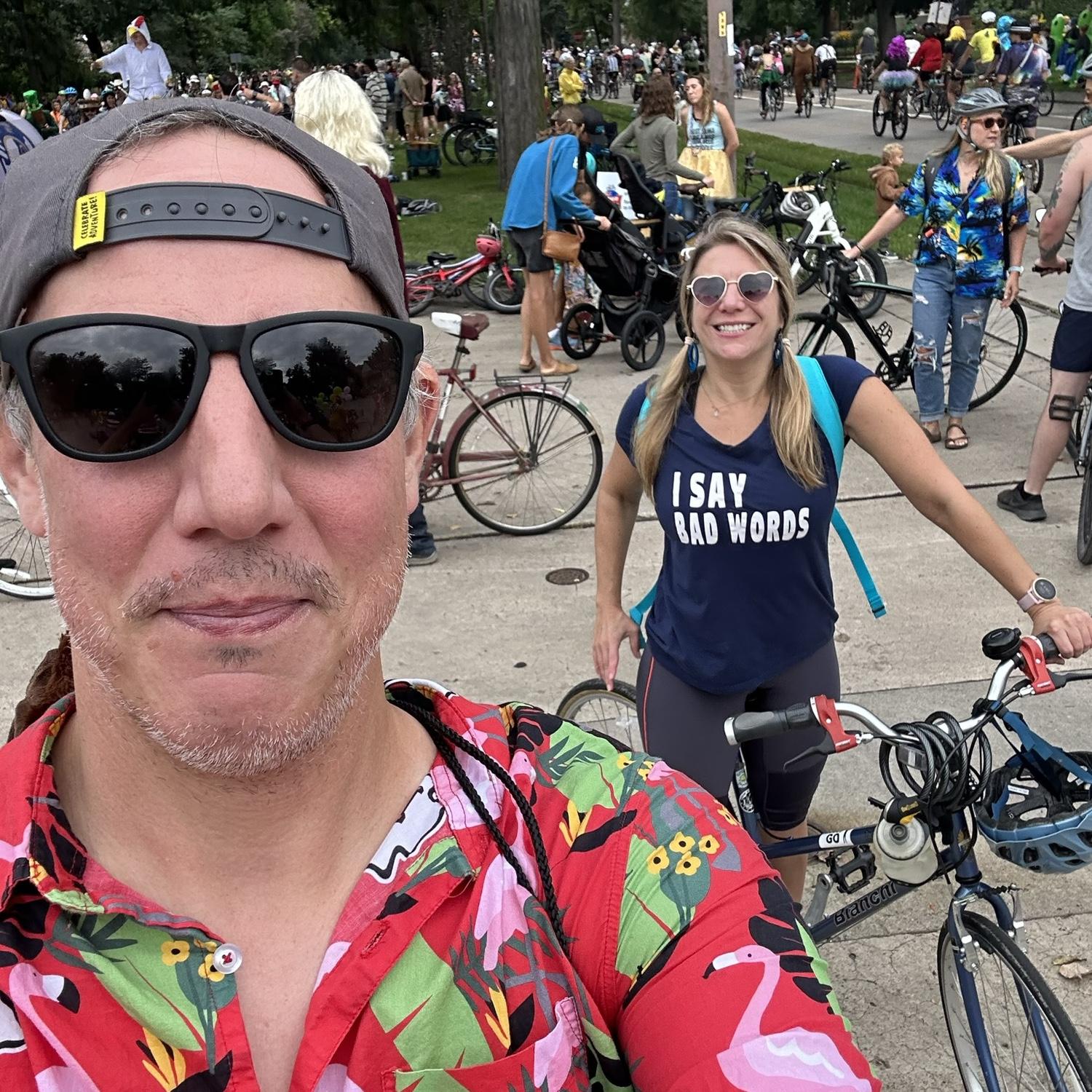 Riding bikes for Tour de Fat, a costumed bike parade in Fort Collins!