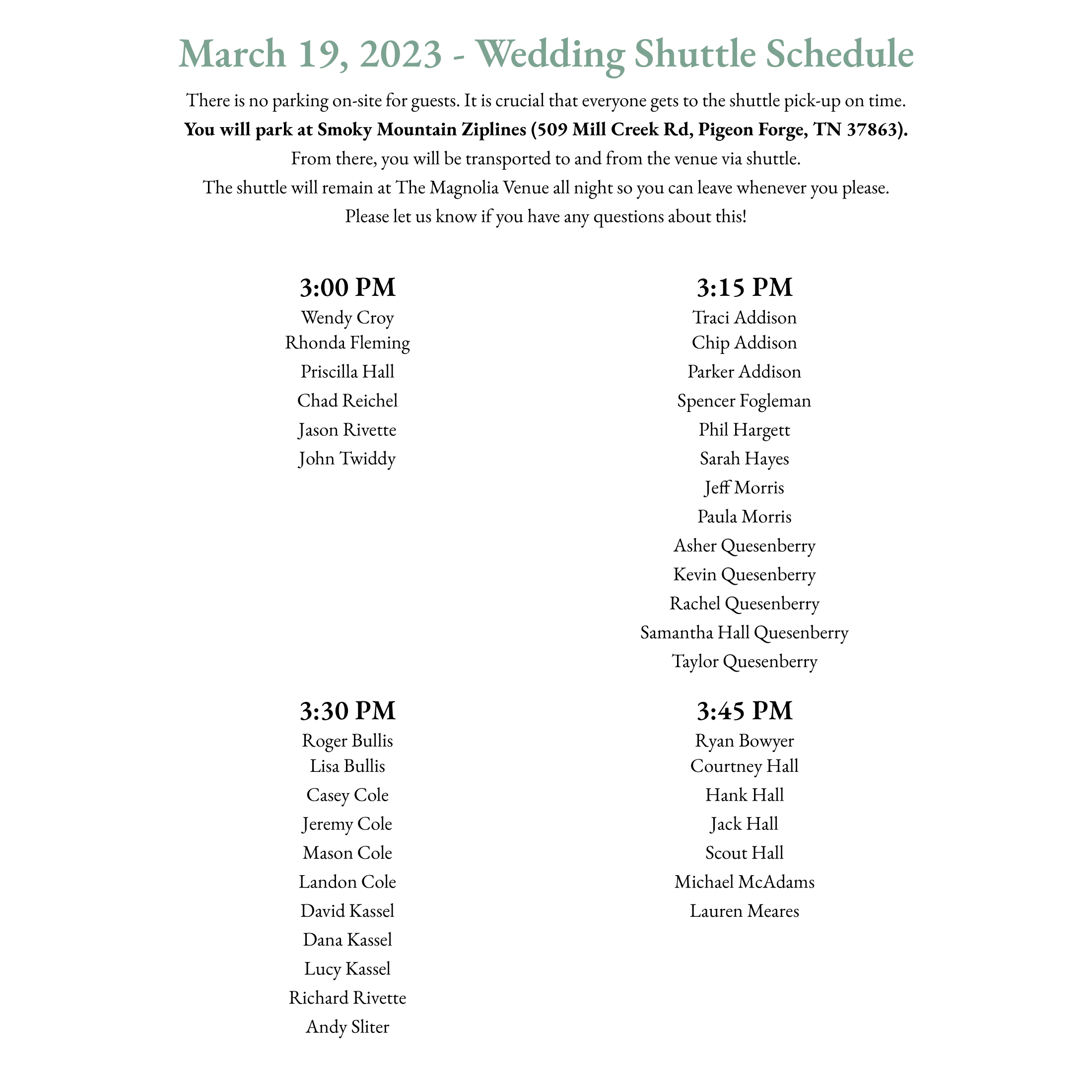 Shuttle Schedule for the wedding day!