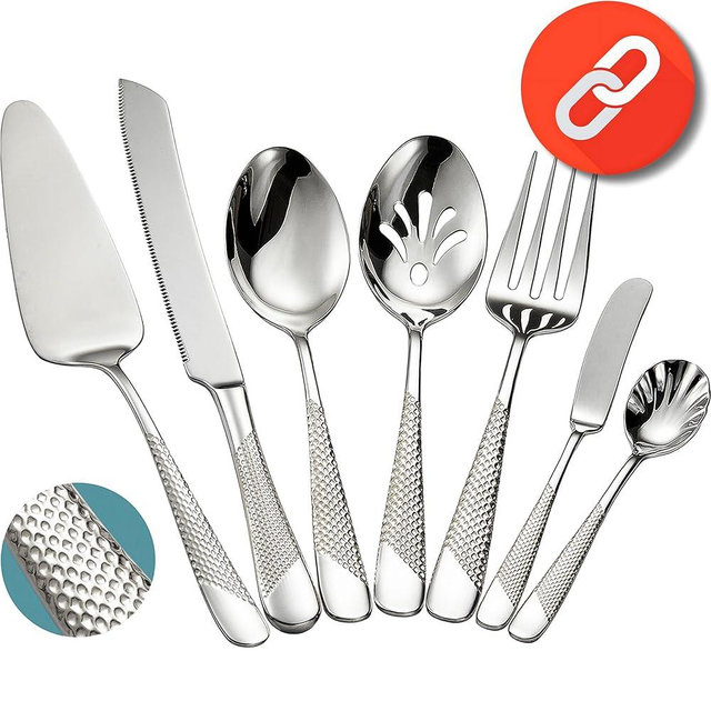 23-Piece luxury Hammered Silverware Set, include 16-Piece Flatware Set with Ultra Sharp 2-IN-1 Serrated Knives, and 7-Piece Hostess Service Set. 18/10 Stainless Steel Utensil Set for 4 (Silver)