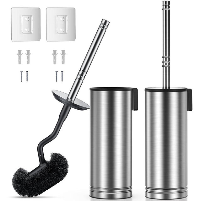 Hamitor Toilet Brush and Holder Set: 304 Stainless Steel Rustproof Toilet Scrubber with Under Rim Deep Cleaning Curved Bristle - Bathroom Cleaner Brush for Renters Homeowners Family Silver 2 Pack