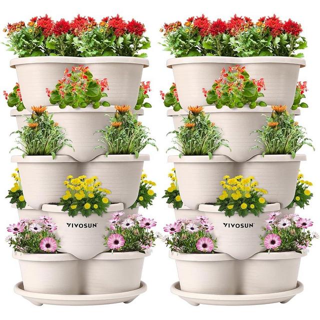 VIVOSUN 2-Pack 5 Tier Vertical Gardening Stackable Planter for Strawberries, Flowers, Herbs, Vegetables, Ivory