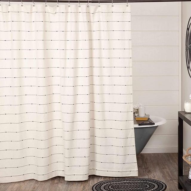 Farmcloth Stripe Shower Curtain, 72" x 72", Urban Rustic Farmhouse Bathroom Decor, Natural Cream Woven w/ Black Stripes