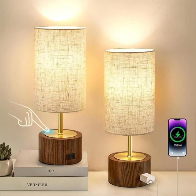 EJIAXIN Table Lamps Set of 2 - Small Touch Lamps for Nightstand with Ac Adapter Vintage Modern Bedside Lamp with Round Fabric Shade for End Tables Living Room Dorm Desk Home Office