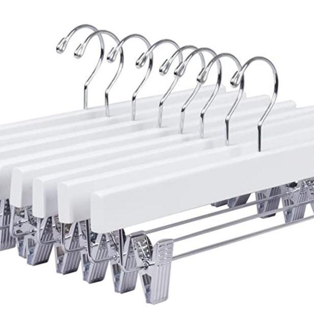 Amber Home Solid White Wooden Pants Skirt Hangers 10 Pack Bottom Hanger for Slacks Jeans with 2-Adjustable Clips 10 Pack (White, 10)