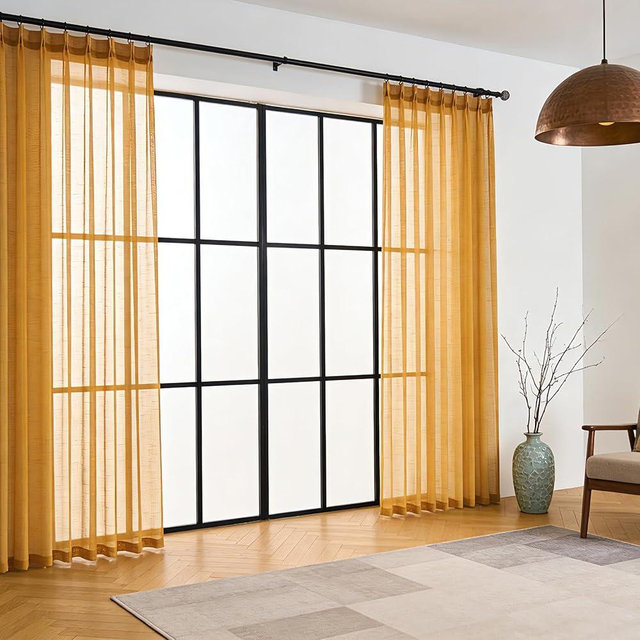 Ftinala Mustard Gold Linen Look Pinch Pleated Sheer Curtains 90 Inches Long 2 Panels, Rustic Textured Ceiling Curtains & Drapes, Vintage Yellow Sliding Glass Door Window Curtain with Hooks