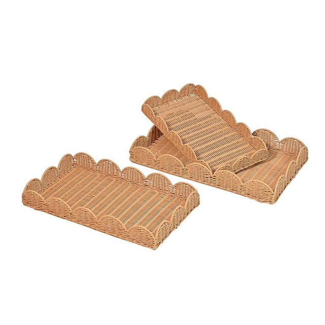 happimess TRY2001A-3SET Parker Southwestern Cottage Resin Scalloped Rectangular Decorative Serving Trays, Brown (Set of 3) for Storage and Decoration in Bathroom, Bedroom, Living Room