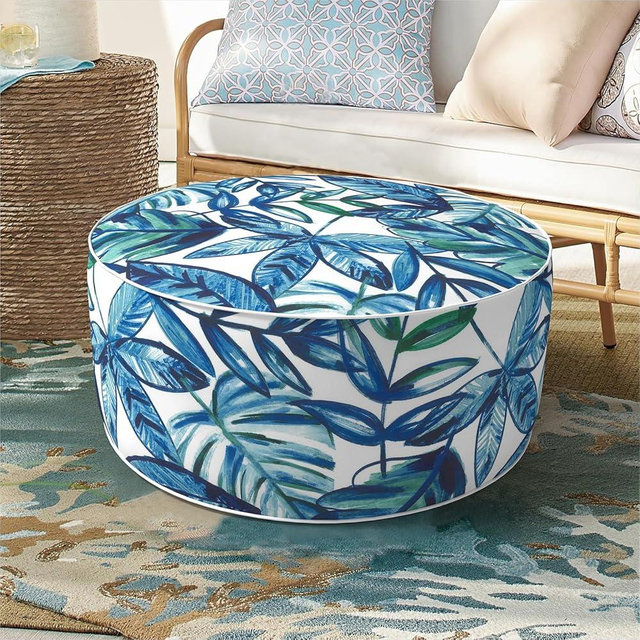 DYTXIII Inflatable Ottoman Stool D21 xH9 for Outdoor/Indoor Use, Water Repellent Patio Foot Rest Stool with Portable Handle,Round Pouf Ottoman Suitable for Garden,Deck and Camping - Leaves Ink Blue