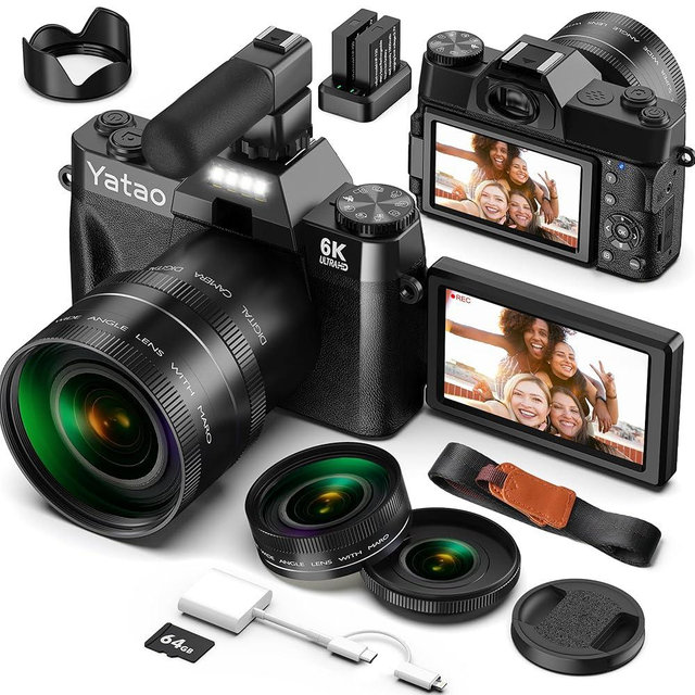 Yatao Digital Cameras for Photography and Vlogging, 6K 64MP Flip Screen, Dual Lens, Microphone for Video, 64GB TF Card, Compact Photo WiFi Camera for YouTube Kit Travel, Beginners (Black)