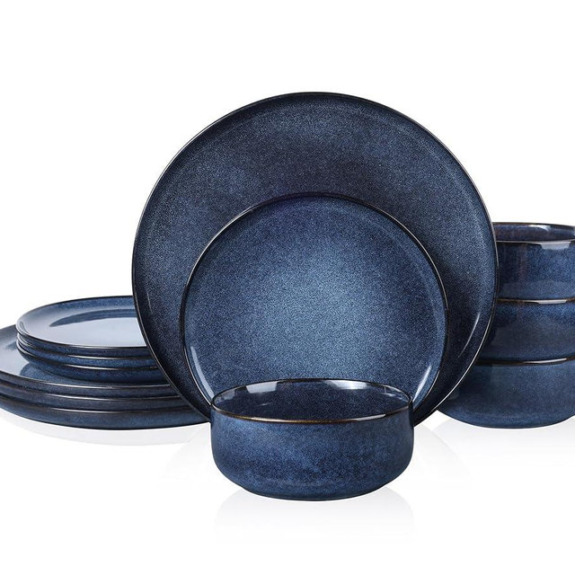 E-far Dinnerware Sets for 4, 12-Piece Stoneware Plates and Bowls Set, Reactive Glaze Dishes Dinning Ware Set, Chip & Scratch Resistant, Microwave & Dishwasher Safe - Deep Sea Blue