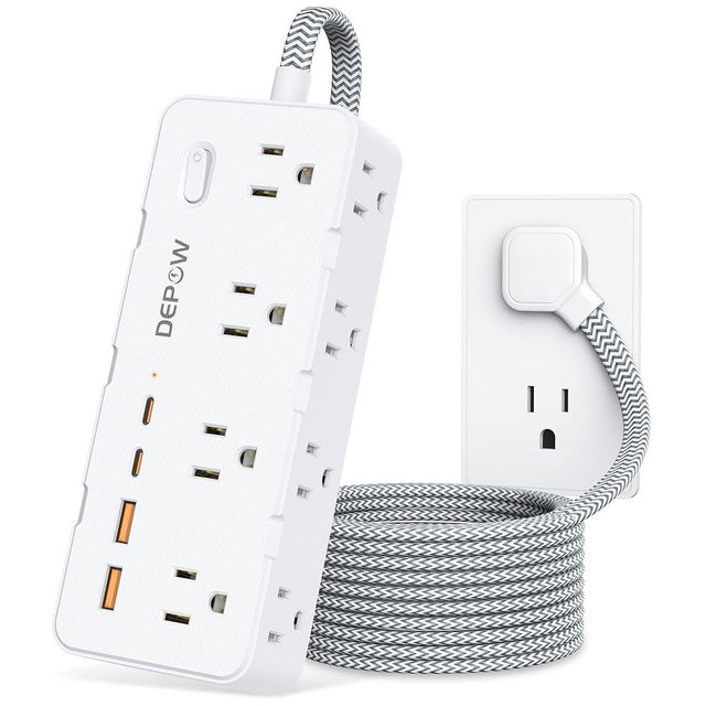 DEPOW Power Strip Surge Protector, 5FT Braided Extension Cord with Multiple Outlets-8 AC Outlets 4 USB Ports (2 USB C), Flag Plug Charging Station, 1700 Joule Surge Protection for Home Office, White