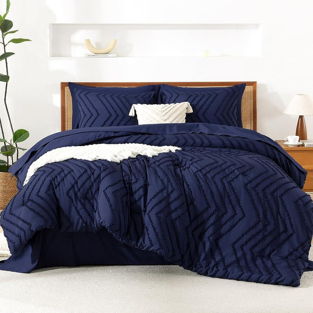 Litanika California King Size Comforter Set with Sheets Navy Blue - 7 Pieces Bed in a Bag Cal King Chevron Tufted Complete Bedding Sets with Comforter, Sheets, Pillowcases & Shams