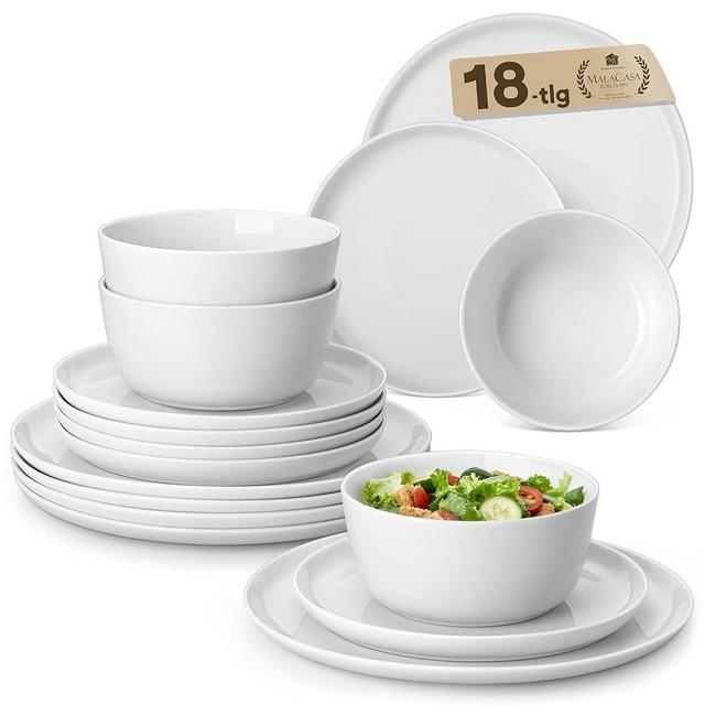 MALACASA 18 Pieces Gourmet Porcelain Dinnerware Sets, Premium Plates and Bowls Set, High-Fired Ceramic Dishes Set for 6, Chip & Scratch Resistant, Microwave Dishwasher Safe, White, Series LEXI