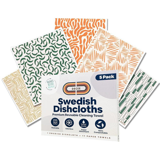DECEE Swedish Dishcloths for Kitchen | 5 Pack Reusable Paper Towels | Washable | Swedish Dish Towels | Non-Scratch Cellulose Sponge Cloths | No Odor, Biodegradable Cleaning Cloths (Earthy)