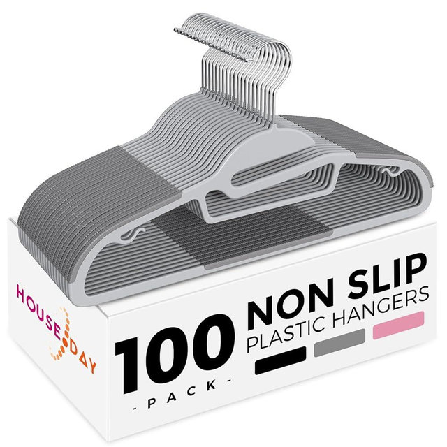 HOUSE DAY Heavy Duty Plastic Hangers 100 Pack, Grey Slim Clothes Hangers Space Saving, Non Slip Hangers with Rubber Pads, Durable Coat Hangers for Closet, S-Shaped Hangers for Shirt, Suit, Pant, Skirt