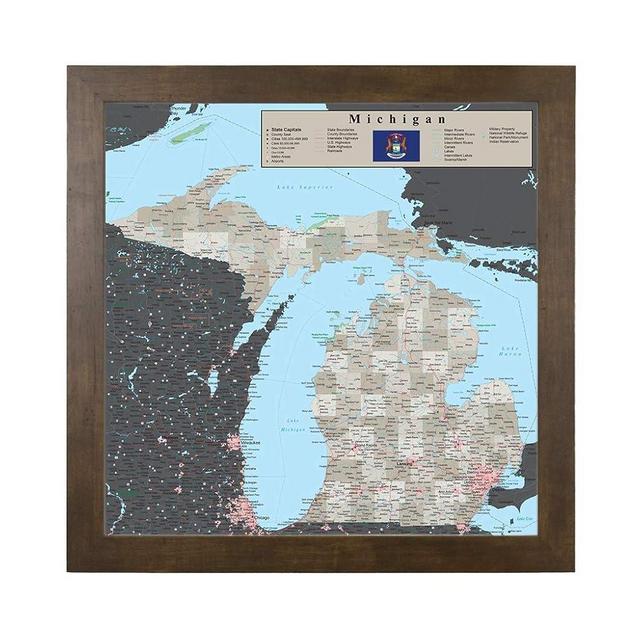Push Pin Travel Maps Michigan - Earth Toned - Rustic Brown Frame - 150 Pins Included - 27.5 inches x 27.5 inches