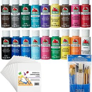 Bundle Includes 3 Items - Apple Barrel Acrylic Paint Set, 18 Piece (2-Oz), PROMOABI Best Selling Colors & Loew-Cornell 245B Brush 25 Pack and Greenco Professional Quality Canvas Panel 8x10 in-12 Pack
