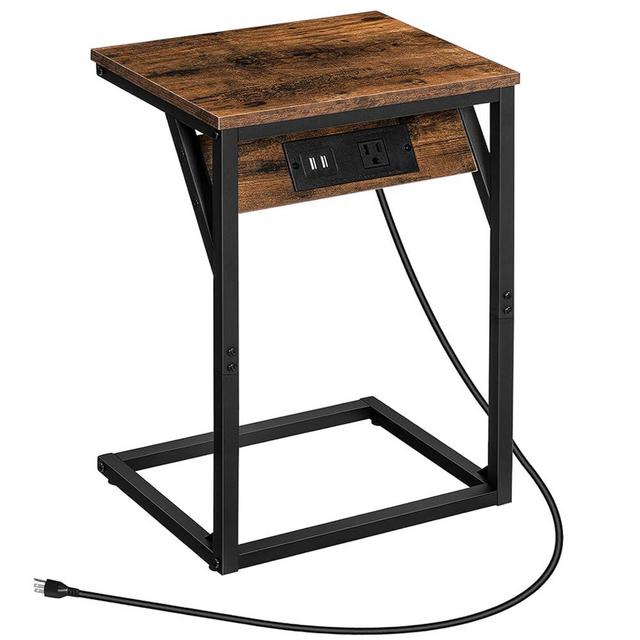 HOOBRO C-Shaped End Table with Charging Station, Narrow Sofa Couch Side Table for Small Space, Industrial Bedside Table with Metal Frame for Living Room, Bedroom, Dorm, Rustic Brown BF06USF01