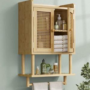 AmazerBath Bathroom Wall Cabinets, Bamboo Medicine Cabinet with Rattan Door, Over The Toilet Storage Cabinet with Towel Bar, Wall Mounted Cabinet with Adjustable Shelves for Small Spaces
