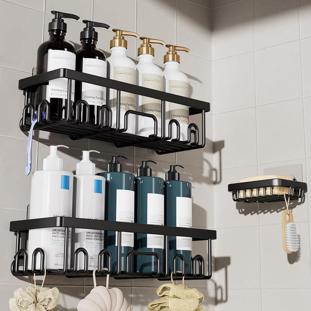 Veken Shower Caddy 3-Pack, Advanced Rustproof Design, No Drilling Adhesive Shelves, Rack with Soap Holder, Large Capacity Bathroom Organizers and Storage, Wall-Mounted Kitchen & Home Decor, Black
