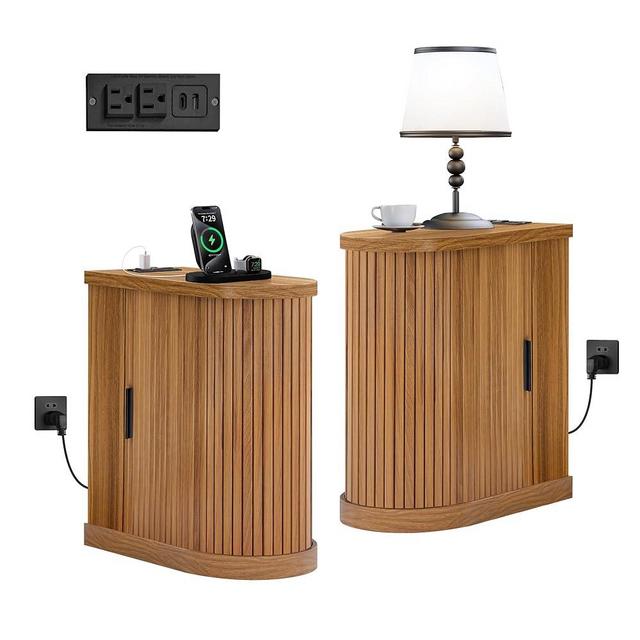 Small End Table, Narrow Side Table, Skinny Nightstand with Charging Station, Mid-Century Modern Curved Fluted Bedside Table with Door and Shelf for Small Spaces,Living Room, Bedroom, Walnut, Set 2