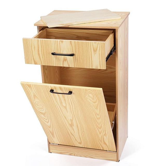 Tilt Out Trash Cabinet Kitchen Trash Can Holder Freestanding Wooden Tilt Out Trash Bin with Cutting Board Pull Out Hideaway Drawer No Smell Recycling Cabinet for 13 Gallons Trash Can Or Laundry Hamper