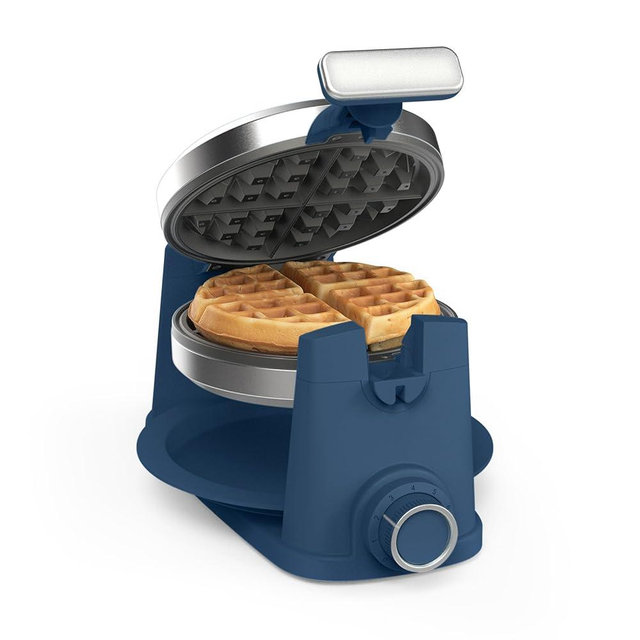 Martha Stewart Rotating Waffle Maker, 180° Flip Iron with PFAS-Free Nonstick Plates, Adjustable Timer, Ready Light, Drip Tray, Space Saving, Classic Round 7”, Easy to Clean, Stainless Steel, Indigo