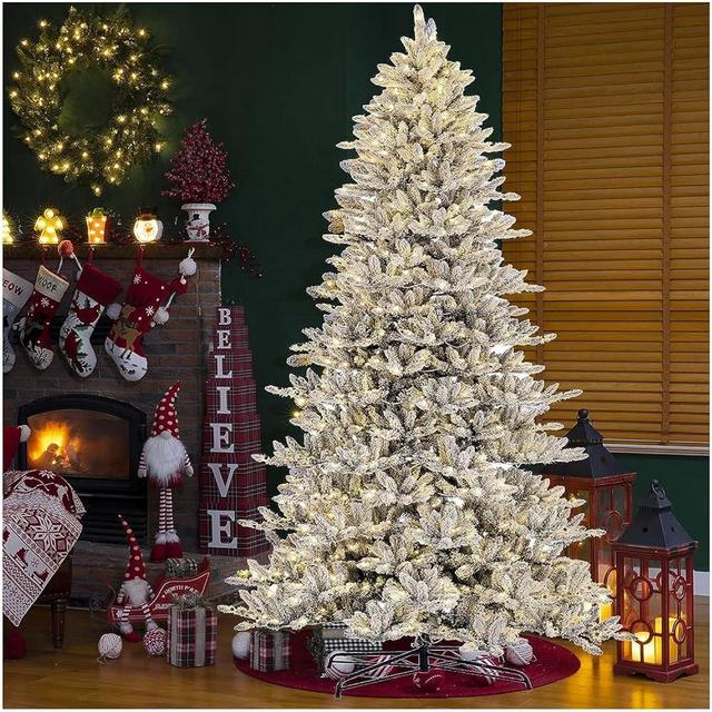 Glitzhome 11ft Pre-Lit Flocked Slim Fir Artificial Christmas Tree, Large Xmas Tree with 950 Warm White Lights for Holiday Decorations