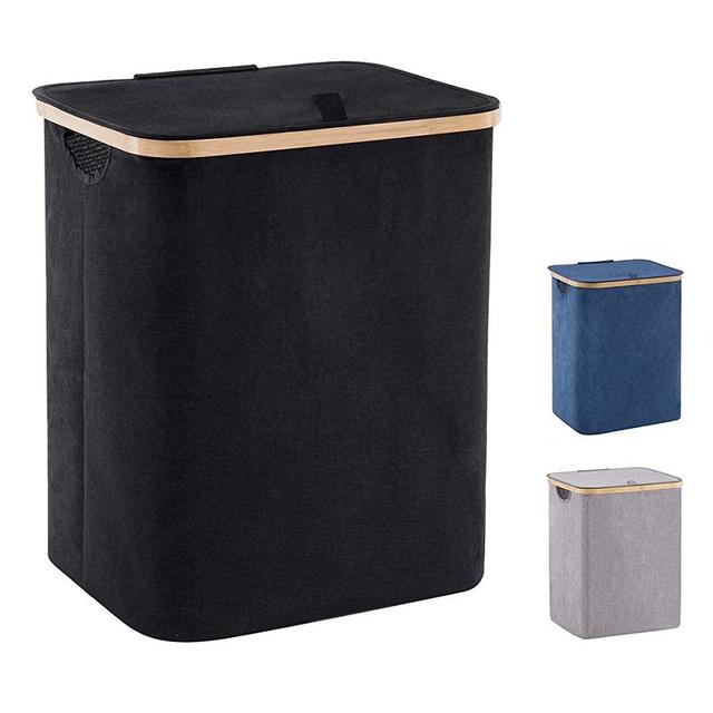 YOUDENOVA 66L Bamboo Laundry Hamper Basket with Lid and Handle, Waterproof and Collapsible Cloth Hamper for Closet and Bathroom, Black(15.7"L 13"W 19.7"H)