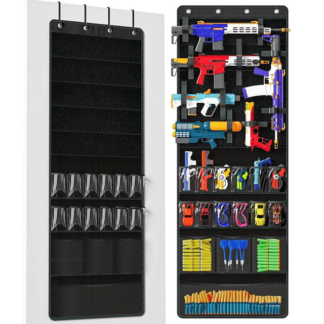 Over Door Toy Gun Storage, Hanging Organizer for Toy Guns, Hanging Toys Organizer with Pockets, Hook&Loop Straps for Foam Blasters, Darts, Goggle, Toys Storage Door Hanger for Kidroom, Gameroom, Black