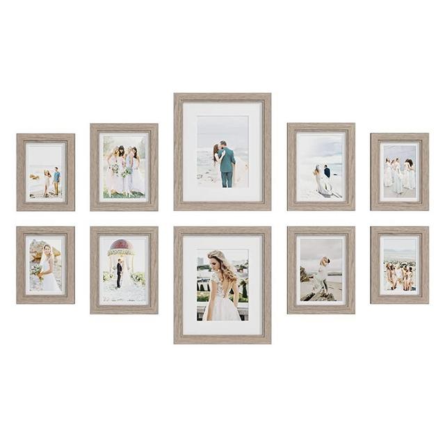 Picture Frames Set of 10 Wood Grain, Bulk MDF Frames for 8x10, 5x7, 4x6 Photos Real Glass for Wall or Tabletop