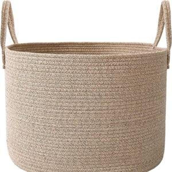 JMvicyroam 115L Extra Large Blanket Basket for Living Room - Woven Cotton Rope Laundry Hamper with Reinforced Handles - Storage Bin for Pillows, Comforters & Toys - Machine Washable,Oatmeal