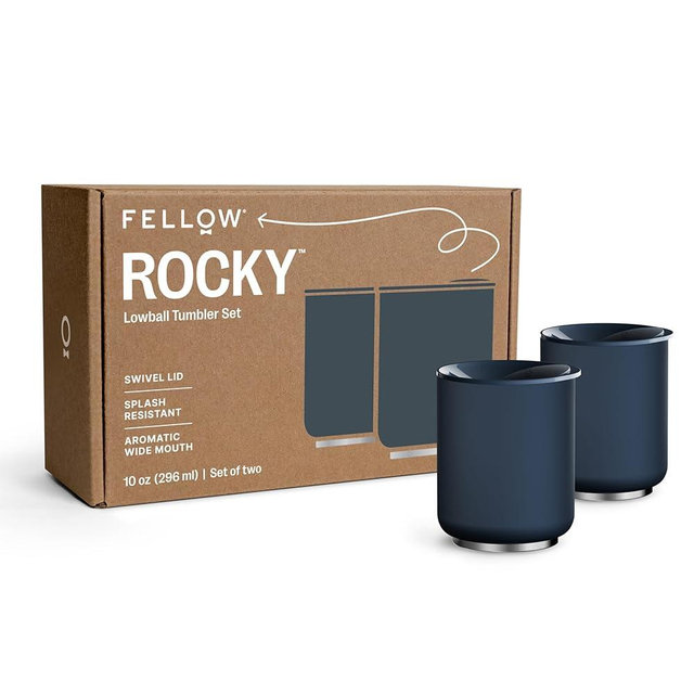 Fellow Rocky Lowball Tumbler Set of 2 - ​​Insulated Stainless Steel Cocktail Tumblers with Ceramic Interior and Swivel Pebble Lid - 10 oz, Stone Blue