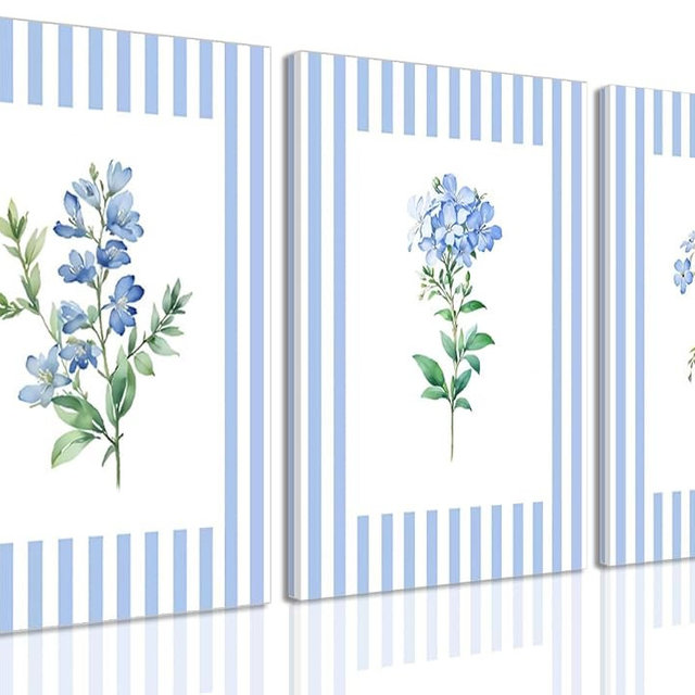 Rustic Blue and White Striped Canvas Floral Wall Art Prints Set of 3, Retro Cottagecore Botanical Flower Posters Pictures Wall Decor, for Bedroom Bathroom Living Room home decor12x16In Framed