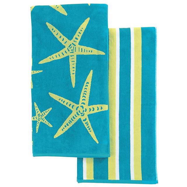2 Pack Plush Blue & Yellow Star Fish & Stripes Print Beach Towels. 100% Cotton Nautical  Beach Towels, Large Pool Towels. Maui Collection (30”x60”)